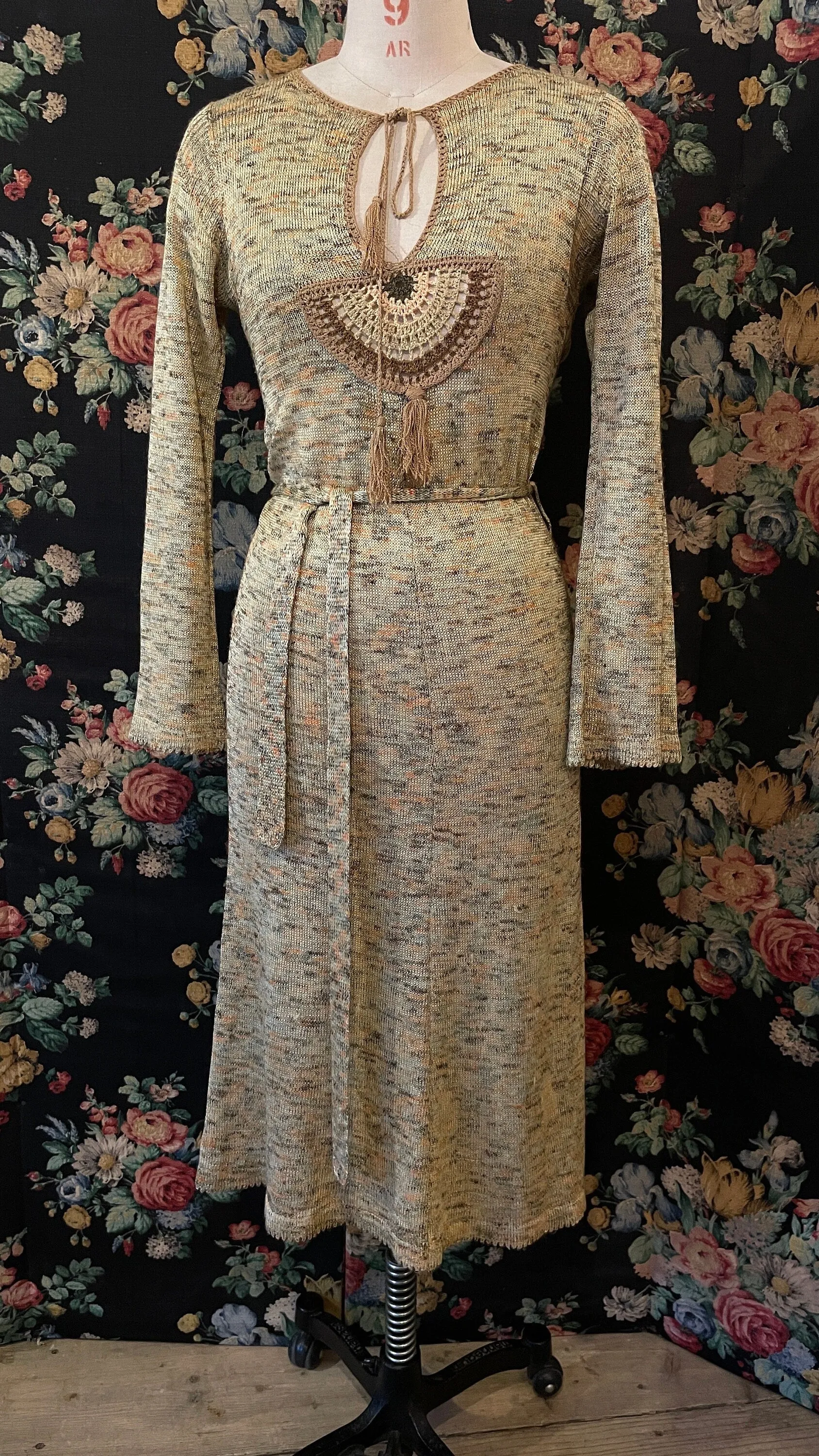 70s Boho Vintage Knit Dress Earthy tones Autumnal Wool Crochet long sleeve midi dress with tassels