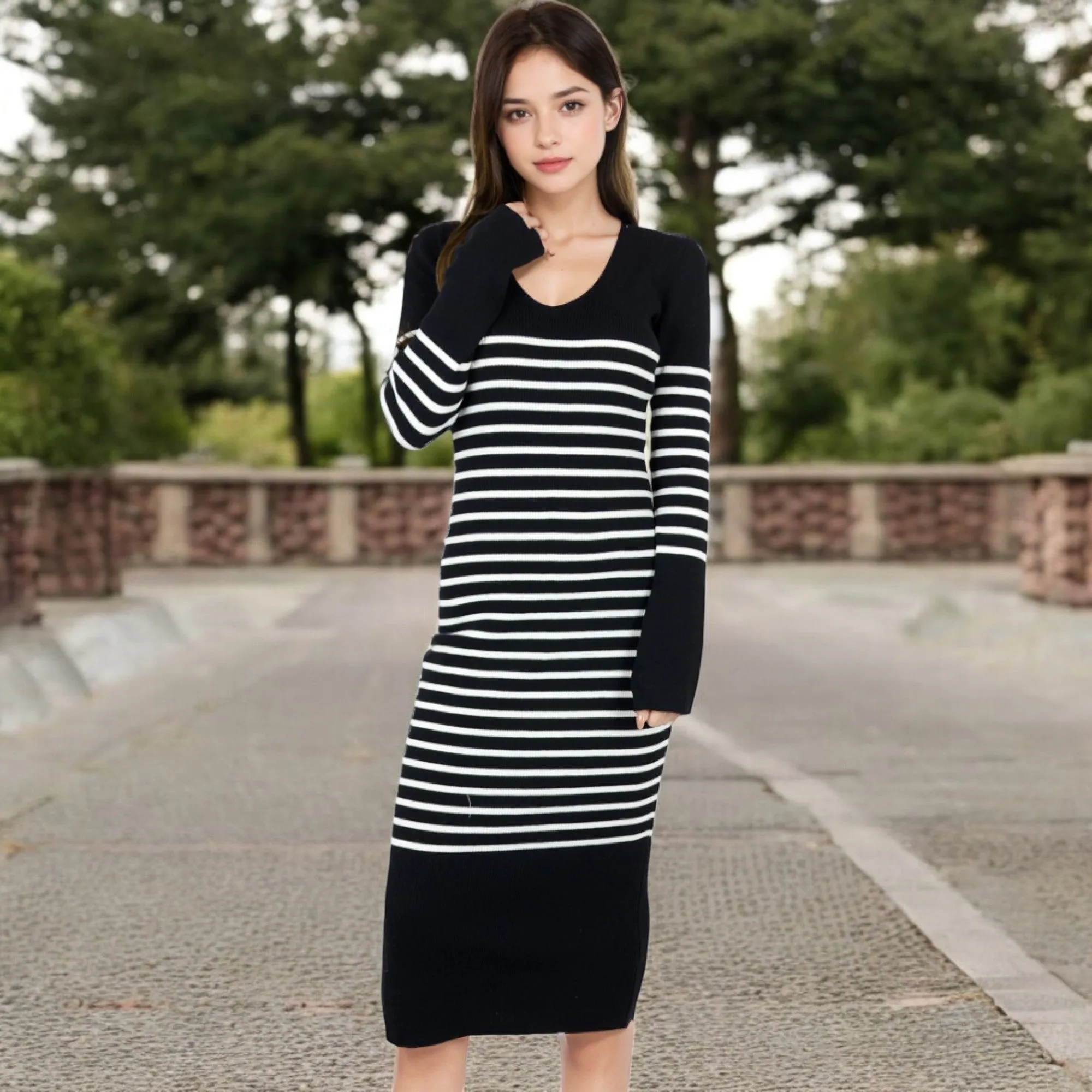 Anna-Kaci Women's Striped Knit Midi Dress with Long Sleeves and Ribbed Texture
