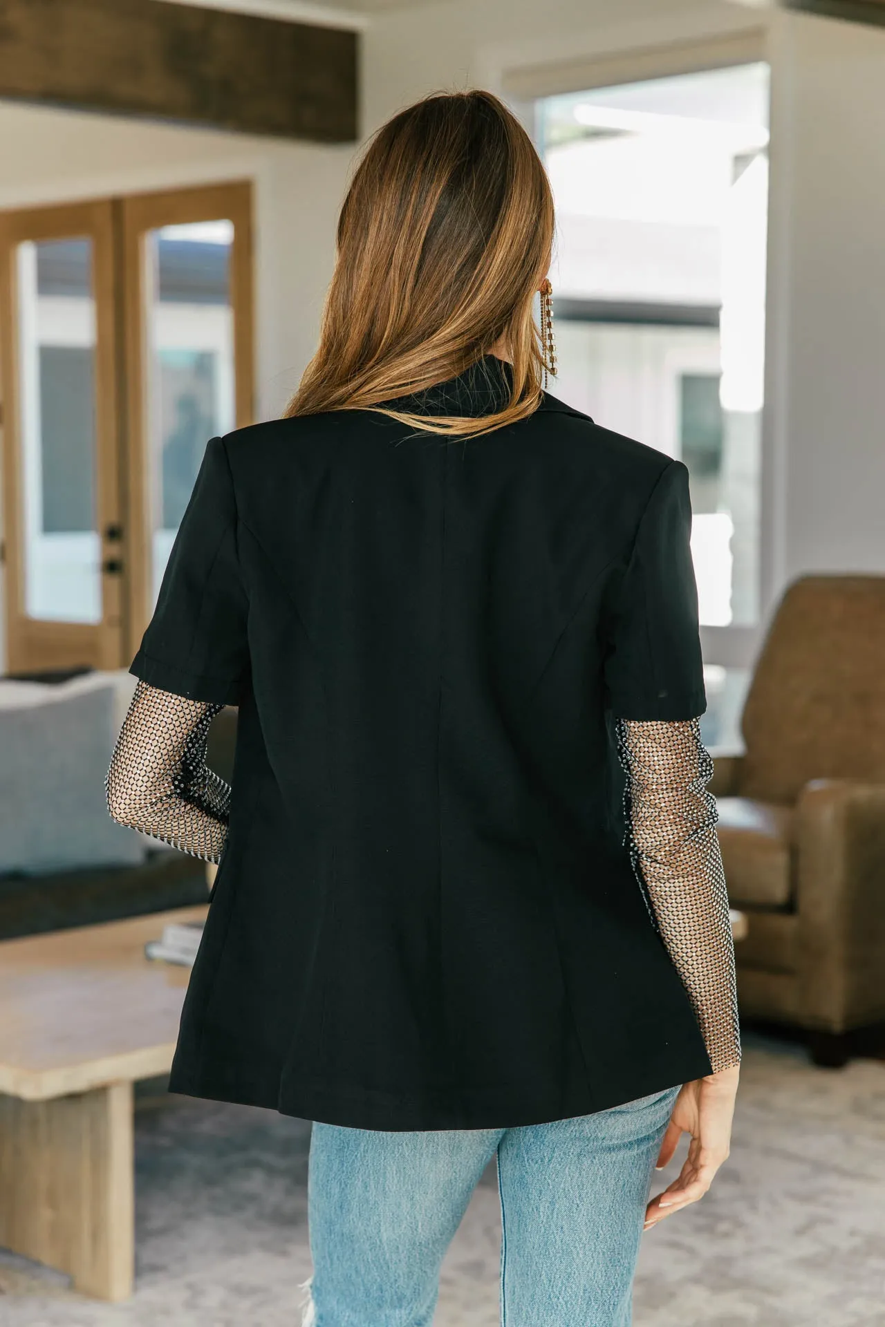 NEW!! Black Blazer with Crystal & Fishnet Sleeve