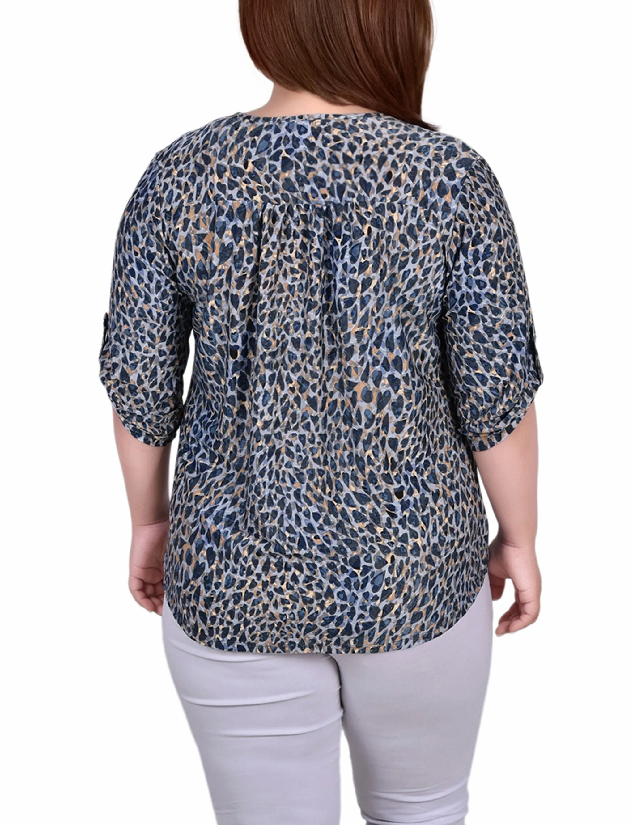 Plus Size 3/4 Roll Tab Zip Front Jacquard Knit Top