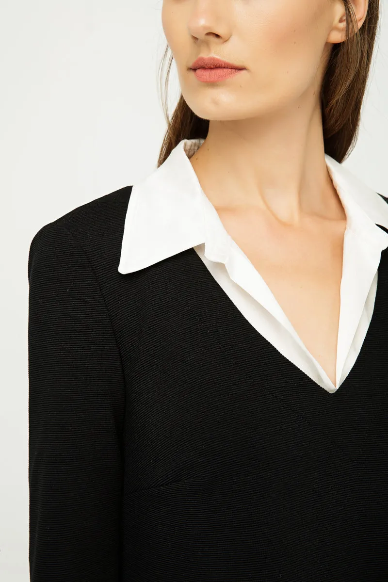 Shirt Collar Detail Black Striped Dress