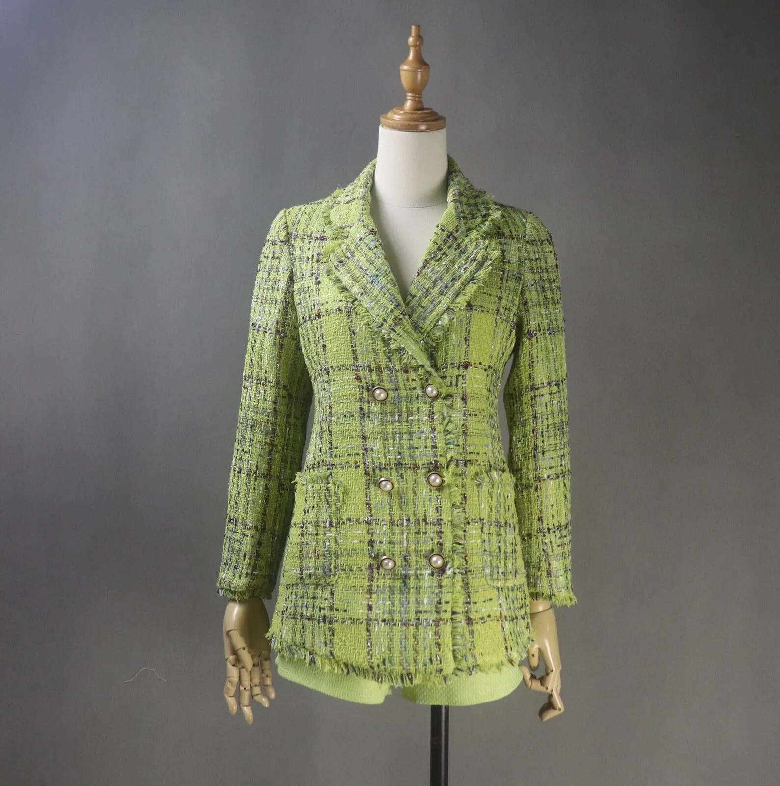 Tailor Custom Made Checked Double Breasts Tassel Fringe Tweed Blazer Coat
